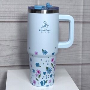 Caribou Coffee 30oz Insulated Travel Tumbler Light Blue Floral Stainless Steel